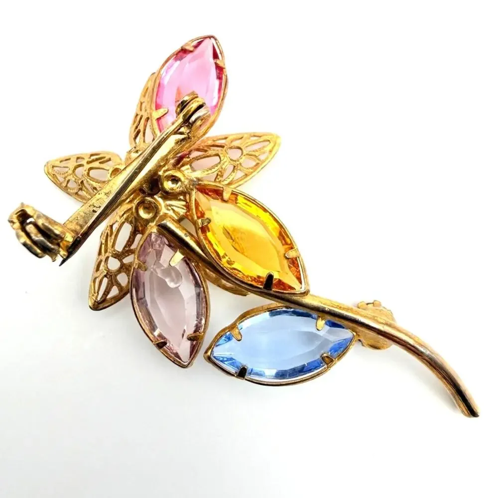 Vtg MCM 1960s Flower Stem Prong Set filigree Multi Color Pastel Brooch Gold Tone